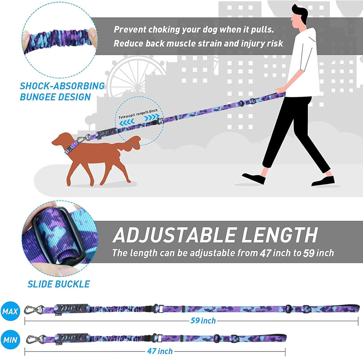 Hotsky Tactical Bungee Shock Absorbing No Pull Dog Leash,Purple Camo,4-6FT