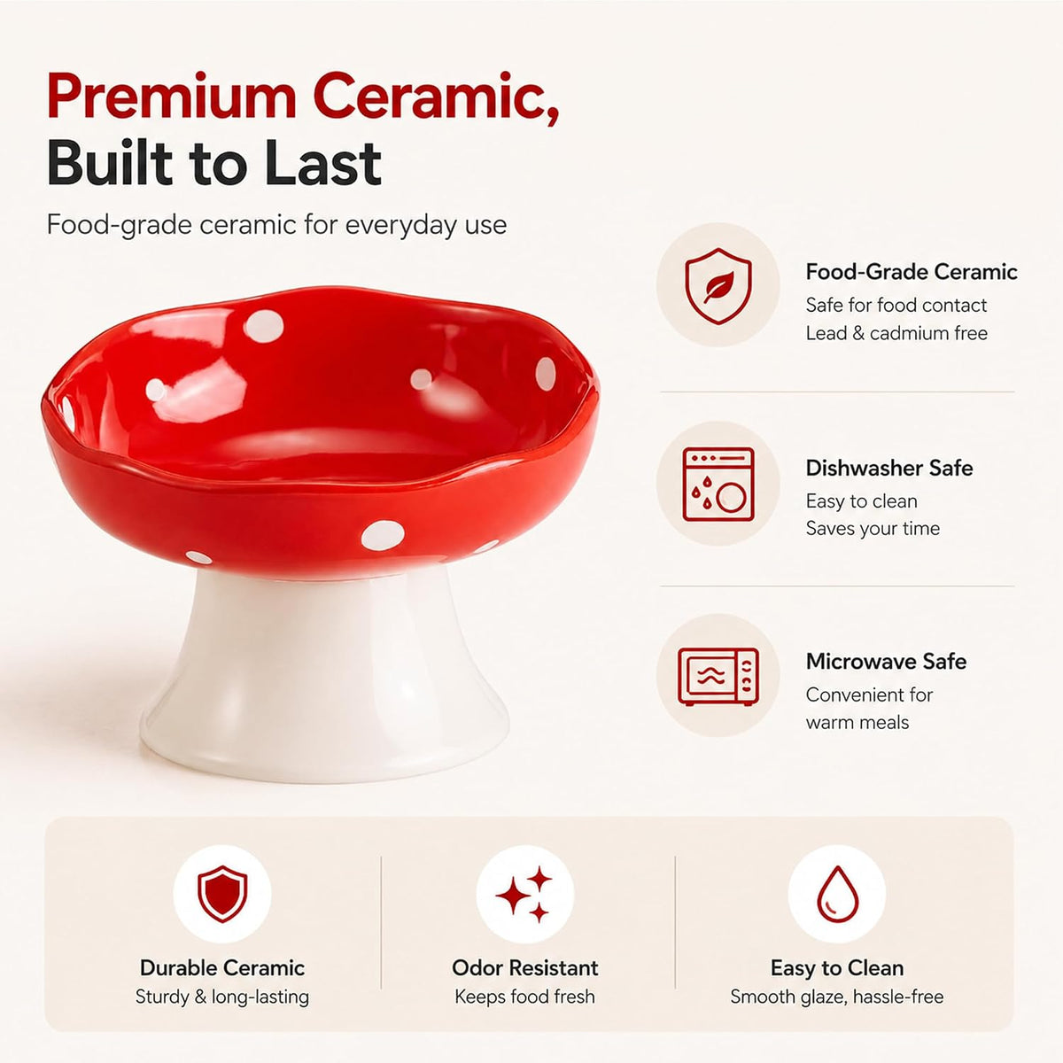 Red Mushroom Cat Bowl, Elevated Ceramic Bowl for Cats