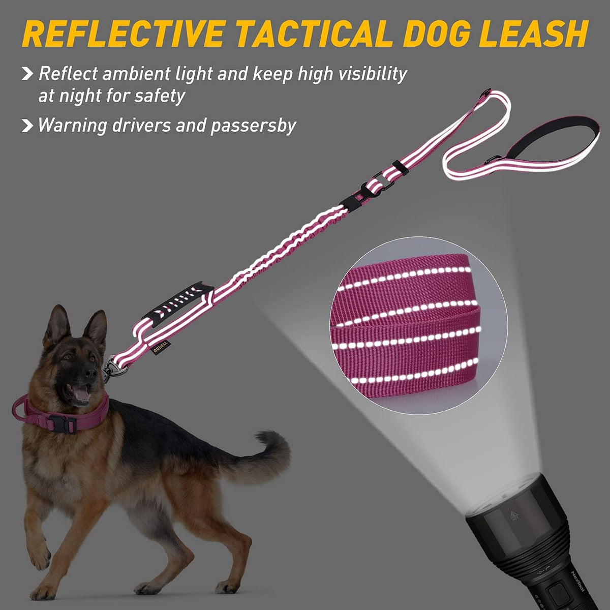 AUBELL Tactical Dog Leash Heavy Duty,4-6ft No Pull Bungee Leash,Pink