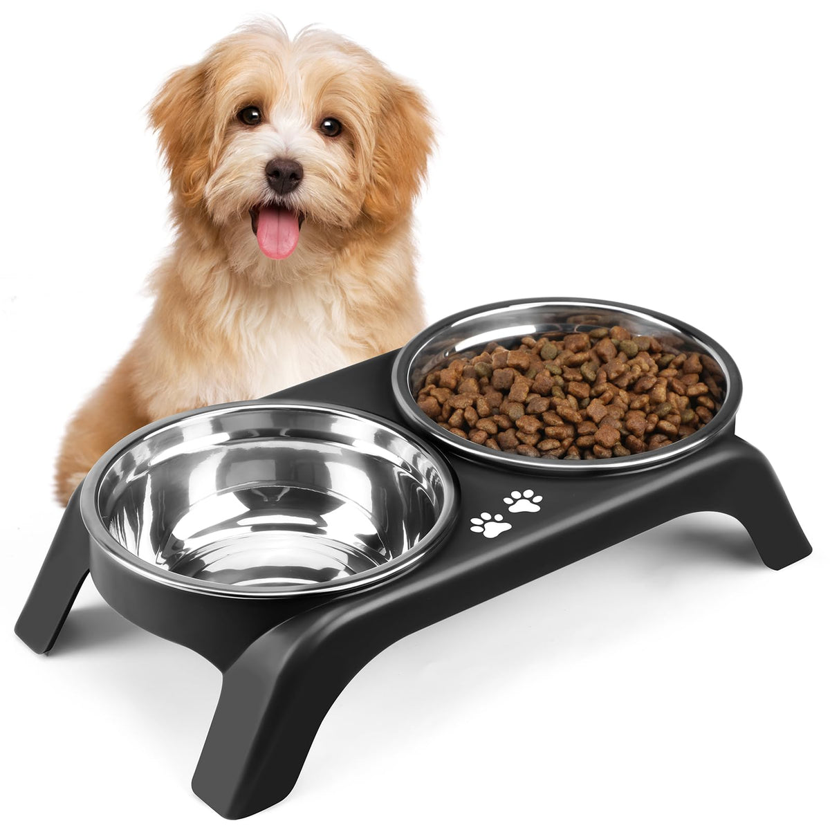 COMESOON Elevated Dog Bowls for Small Medium Dogs, 3 Height Adjustable Raised Stand with 2 Thick 6" Stainless Steel Food Bowls, Non-Slip Feeder Adjusts to 2.75", 6", 7.5", Black