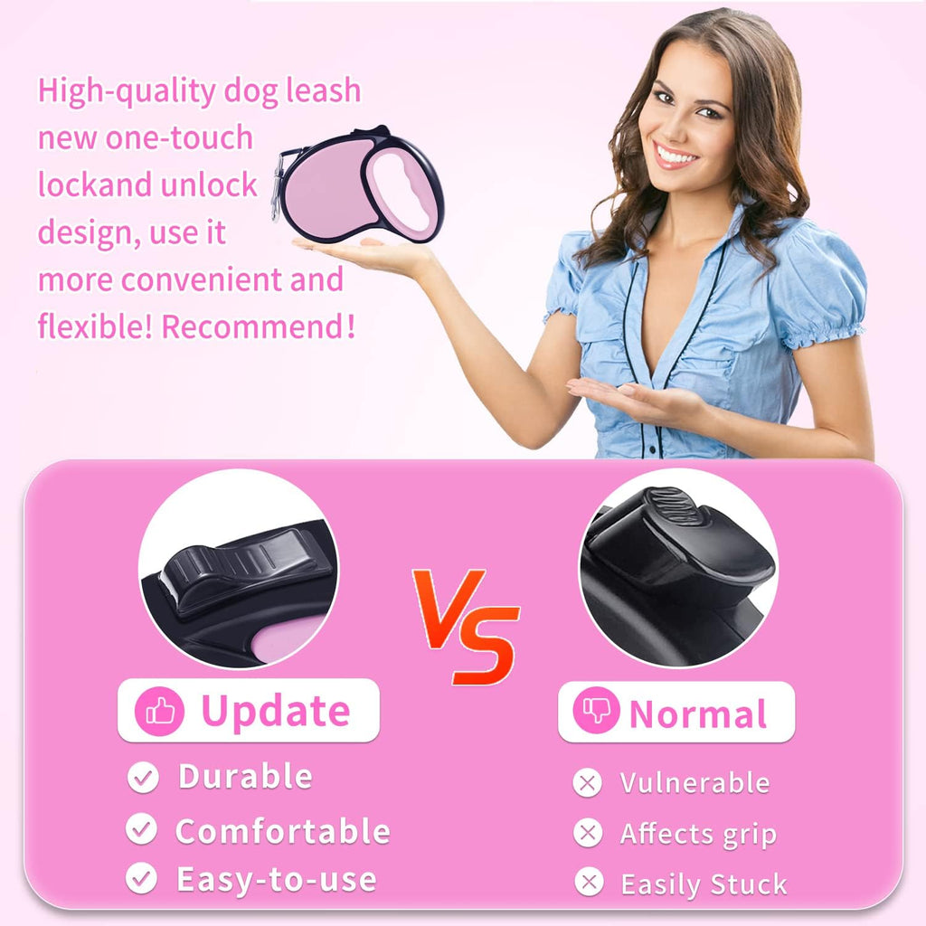 Retractable Dog Leash 16Ft/5M for Small Medium Dogs, Pink