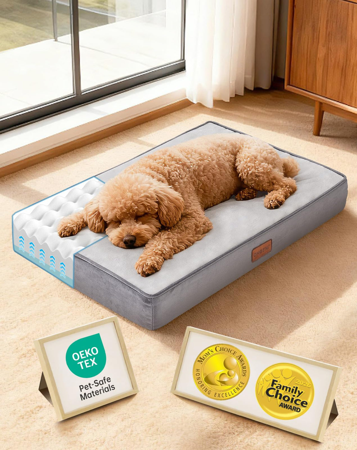 OhGeni Orthopedic Large Dog Bed, Reversible Memory Foam, 41 inch-XL(Gray)
