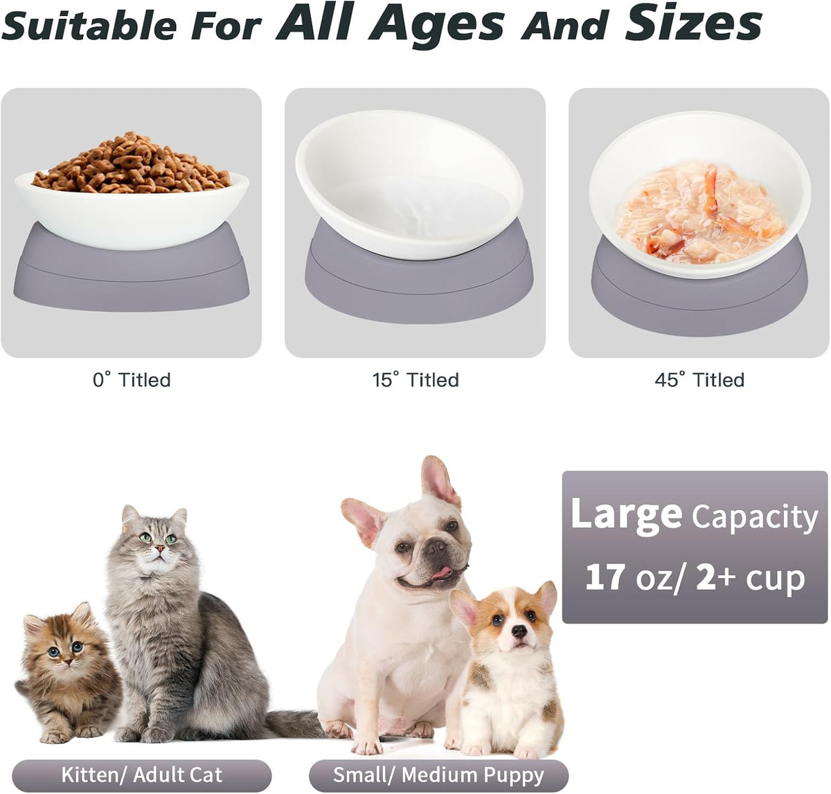 17 oz Raised Cat Food Bowls, Adjustable-Angle Pet Bowls, Easy Cleaning Cat Wet Food Dishes with Non Slip Base, Whisker Friendly Kitten Food Bowl