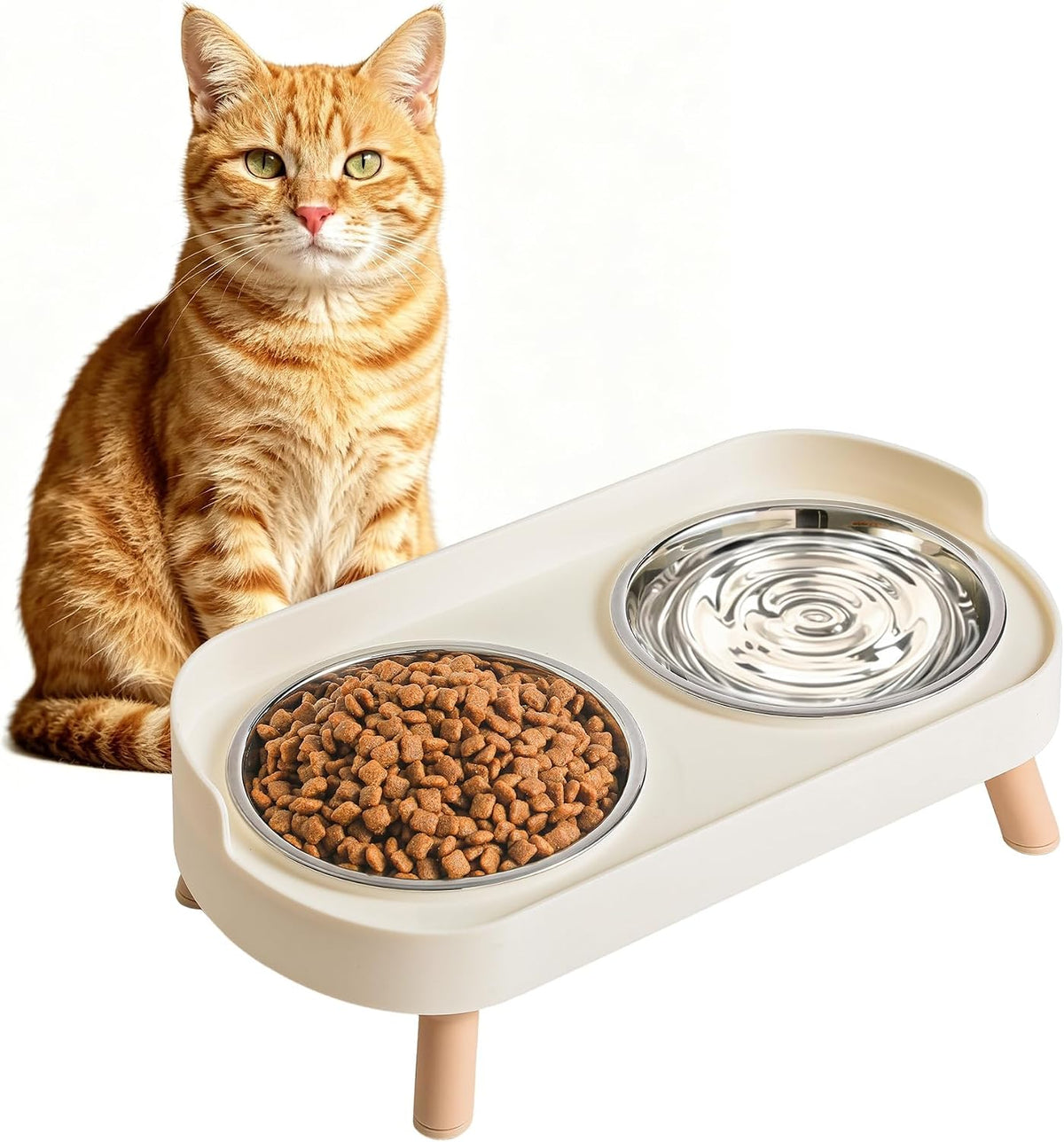 LoeJan Elevated Cat Bowls Set - Raised Cat Food and Water Bowl Set with Non Slip Stand - Pet Feeding Station with 2 Stainless Steel Bowls with Splash Proof Guard