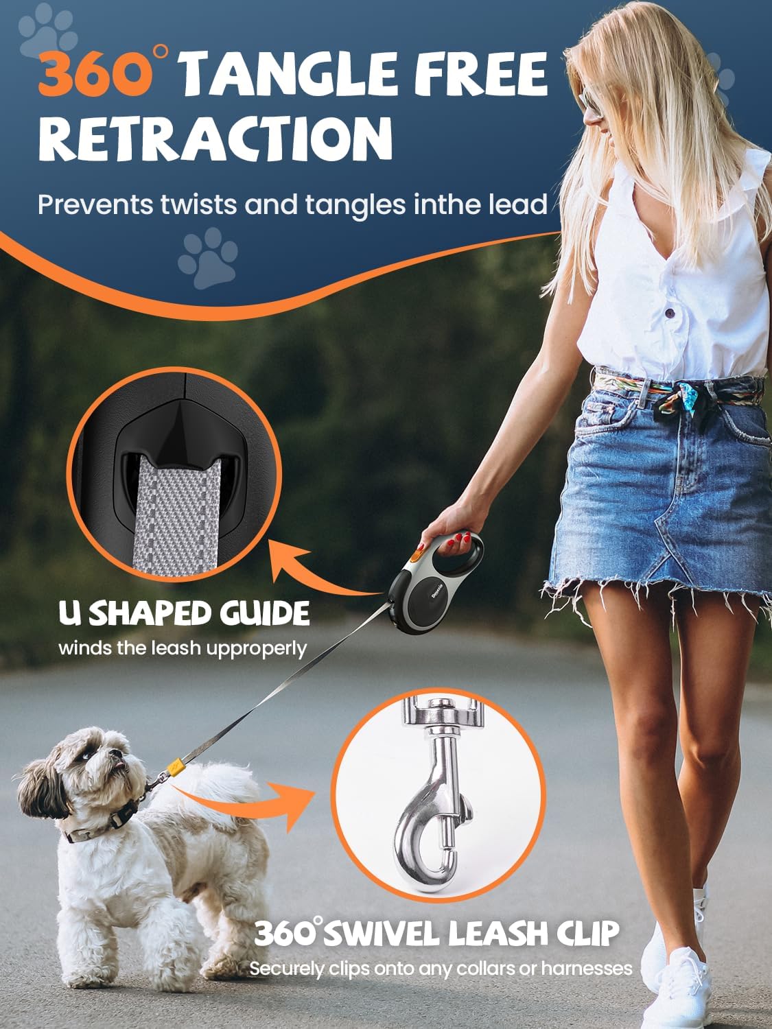 Retractable Dog Leash with LED Flashlight, Douexio Upgrade 3 in 1 Dog Leash Retractable for Small Medium Dogs Up to 66 lbs, 16ft, Anti-Slip Handle (Black-White)