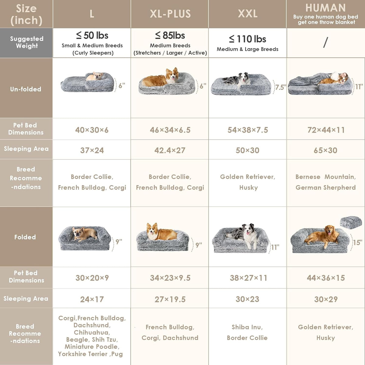EHEYCIGA Orthopedic Foldable Human Dog Bed - 72x44x11, Grey