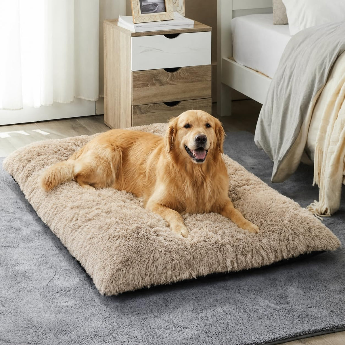 BFPETHOME Dog Beds for Large Dogs, Plush Dog Crate Bed Fluffy Cozy Kennel Pad for Sleeping &Ease Anxiety, Washable Pet Mats with Anti-Slip Bottom for Large Dogs, Grey