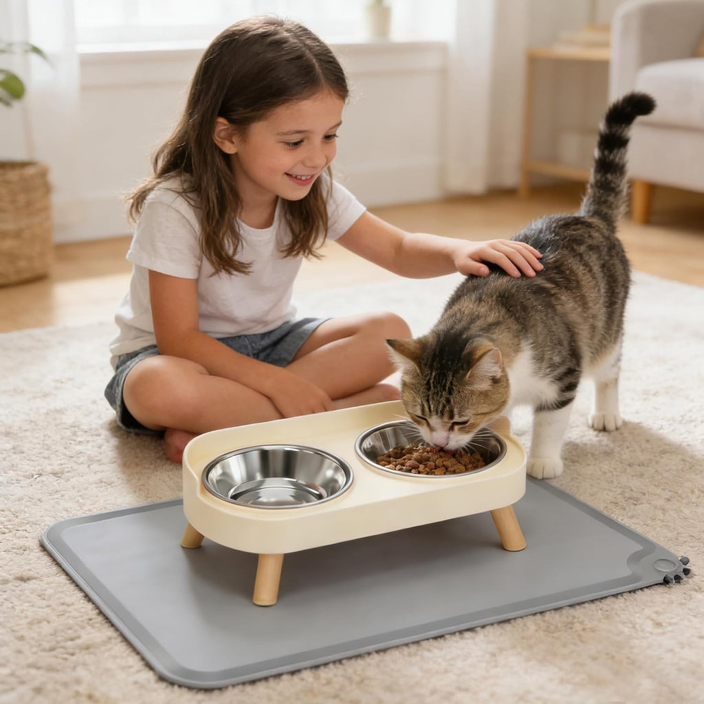 Elevated Cat Bowls with Food Mat, Splash Proof Anti Vomiting Raised Cat Food and Water Bowl Set, 2 Stainless Steel Dishes for Cats and Puppy, Pet Bowl for Indoor Cats White