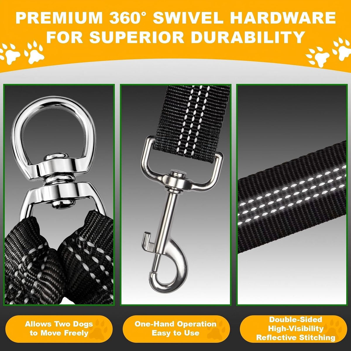 Double Dog Leash for Two Dogs, Professional No Tangle 360° Swivel Coupler with Shock Absorbing Bungee, Adjustable Length Dual-Sided Reflective Two Dogs Lead Splitter for Small Medium Large Dog