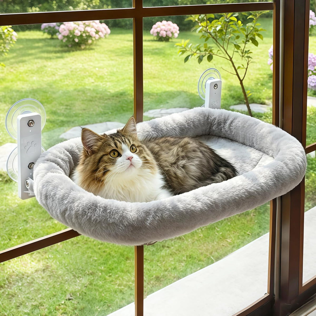 AMOSIJOY Cordless Cat Window Perch with Cushion Bed Metal Frame, L White