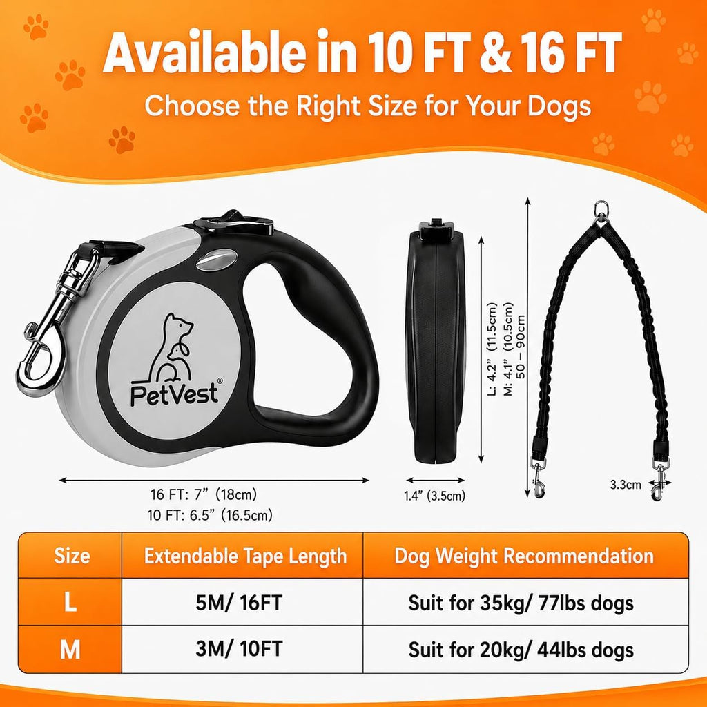Dual Retractable Dog Leash,10 FT Tangle-Free Leash for 2 Dogs, Detachable for Single Use,One-Button Brake & Lock, Up to 44 lbs Each, 360° Swivel, Non-Slip Handle + Poop Bag Holder (Grey)