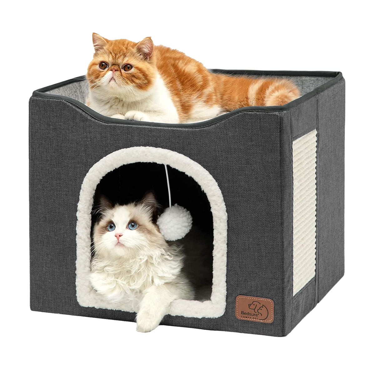 Bedsure Cat House Bed for Indoor Cats with Fluffy Ball and Scratch Pad,Grey