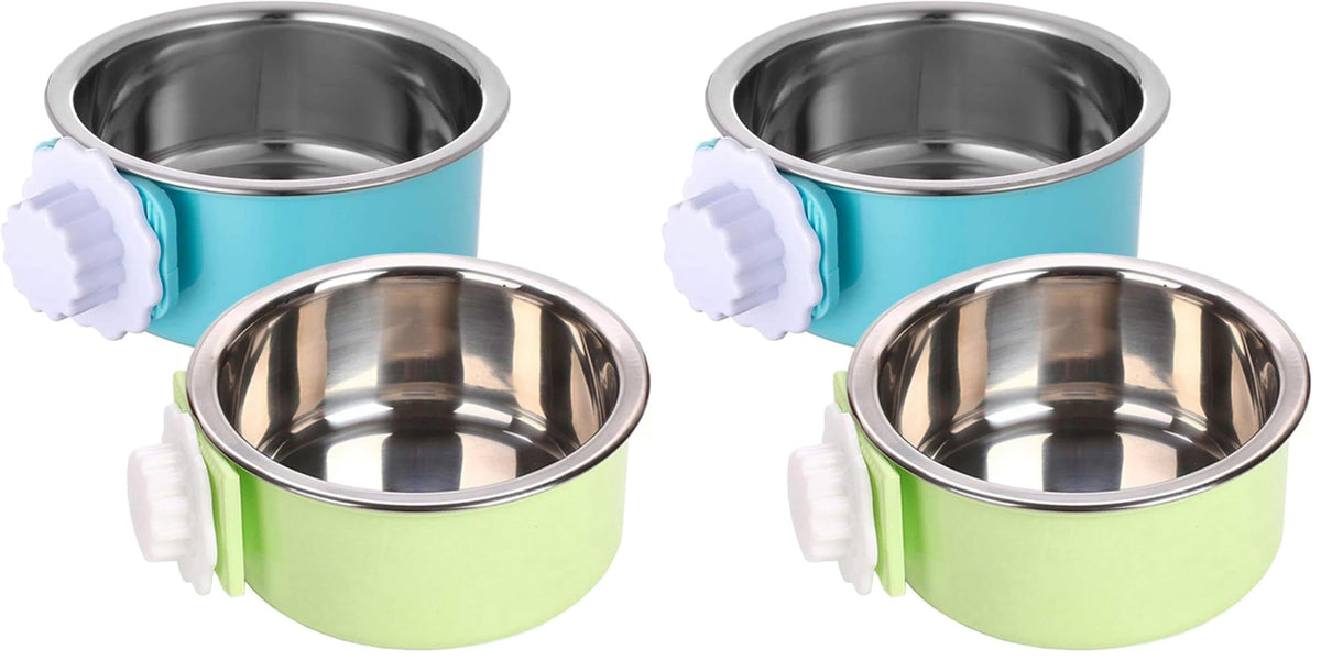 kathson Crate Dog Bowl, Removable Stainless Steel Hanging Pet Kennel Cage Bowl Food & Water Feeder Coop Cup for Puppy, Cat, Rabbit, Guinea Pigs Ferret Bird (2 PCS, Size: M, Blue and Green)