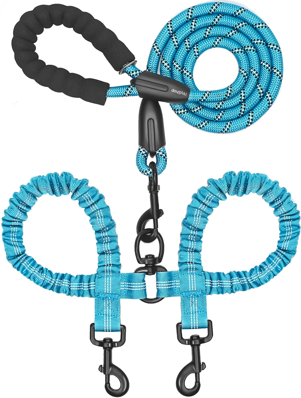 iYoShop Double Dog Leash, 360° Swivel, No Tangle, Large, 25-150 lbs, Black