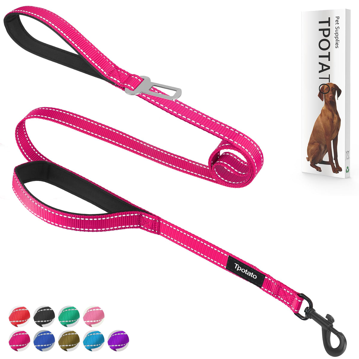 6 Foot Black Dog Leashes for Large Medium and Small Breed Dogs That Pull,Reflective Nylon Heavy Duty Dog Leash with 2 Comfortable Padded Traffic Handles and Car Seat Belt for Walking and Training