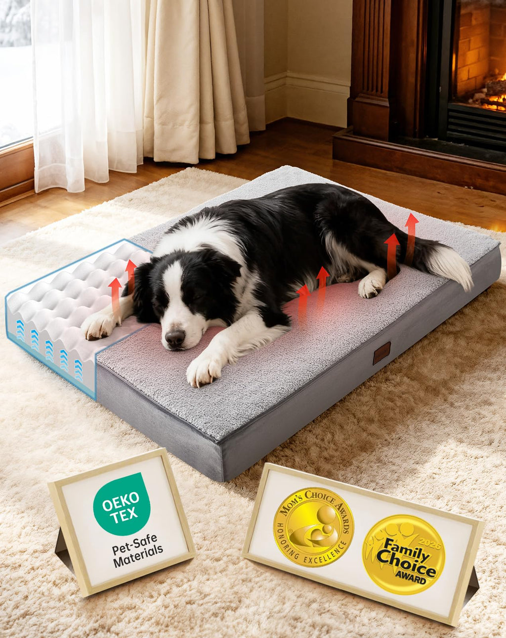 OhGeni Orthopedic Large Dog Bed, Reversible Memory Foam, 41 inch-XL(Gray)