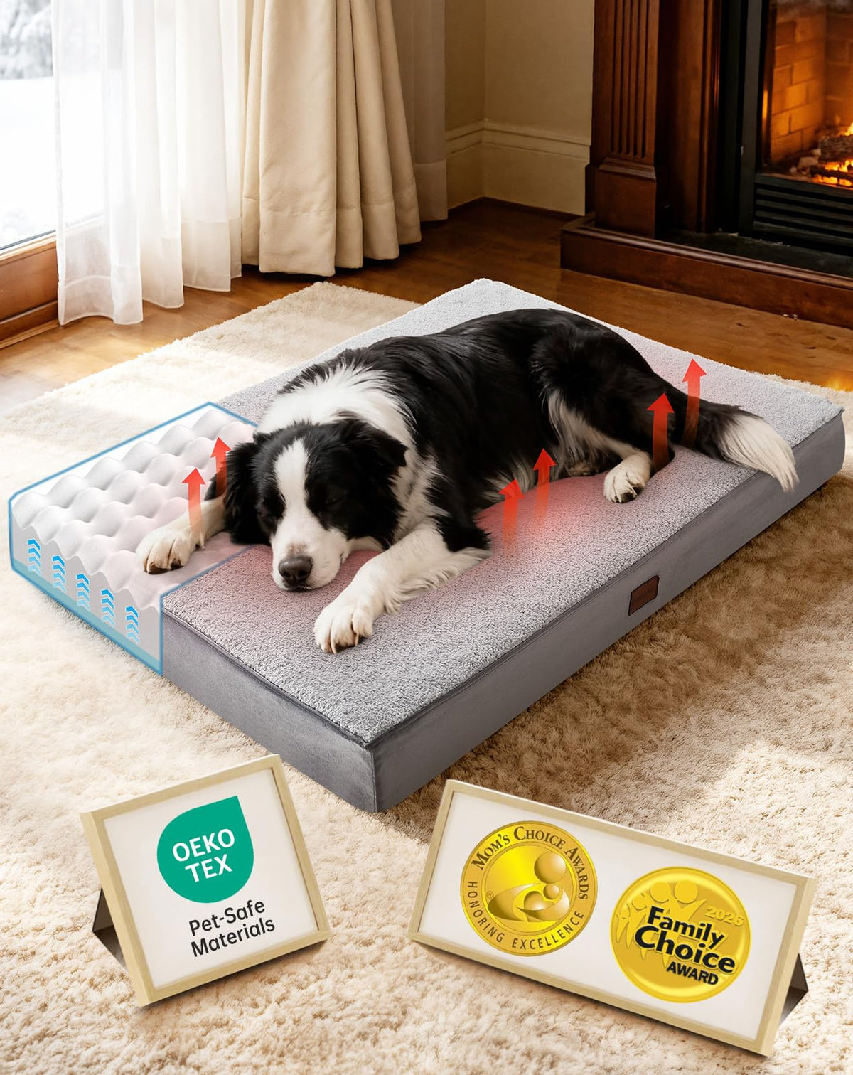 OhGeni Orthopedic Large Dog Bed, Reversible Memory Foam, 41 inch-XL(Gray)