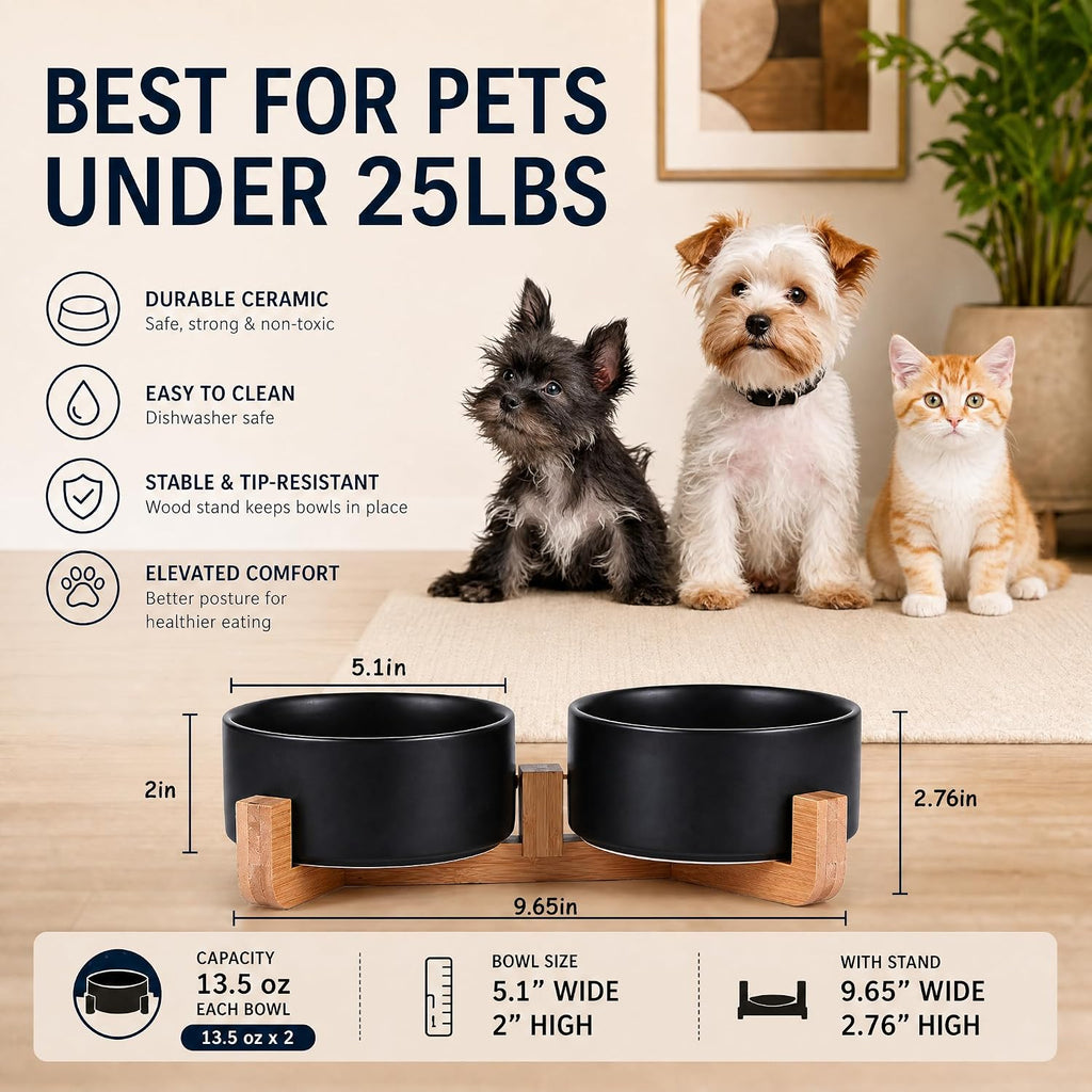 Petygooing Ceramic Dog Cat Bowls Set with Stand,Black Pet Food and Water Bowl,Small Dog Bowls Cute Modern Anti Slip Set of 2 Pet Feeder Small Size Pet Dish(13.5OZ/5.1 in)