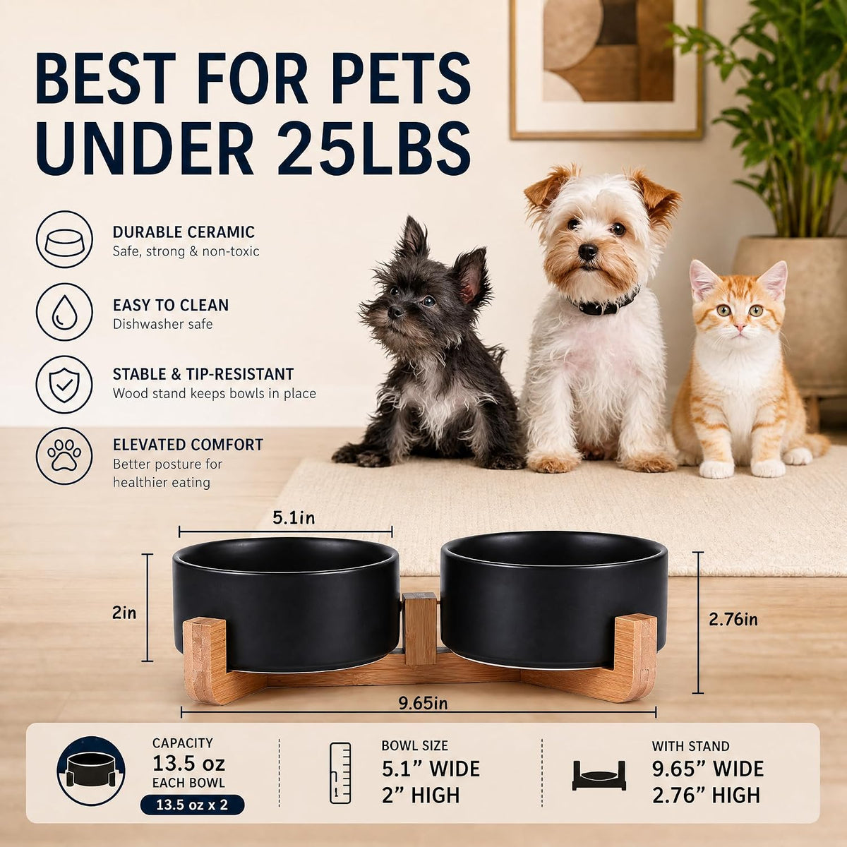 Petygooing Ceramic Dog Cat Bowls Set with Stand,Black Pet Food and Water Bowl,Small Dog Bowls Cute Modern Anti Slip Set of 2 Pet Feeder Small Size Pet Dish(13.5OZ/5.1 in)