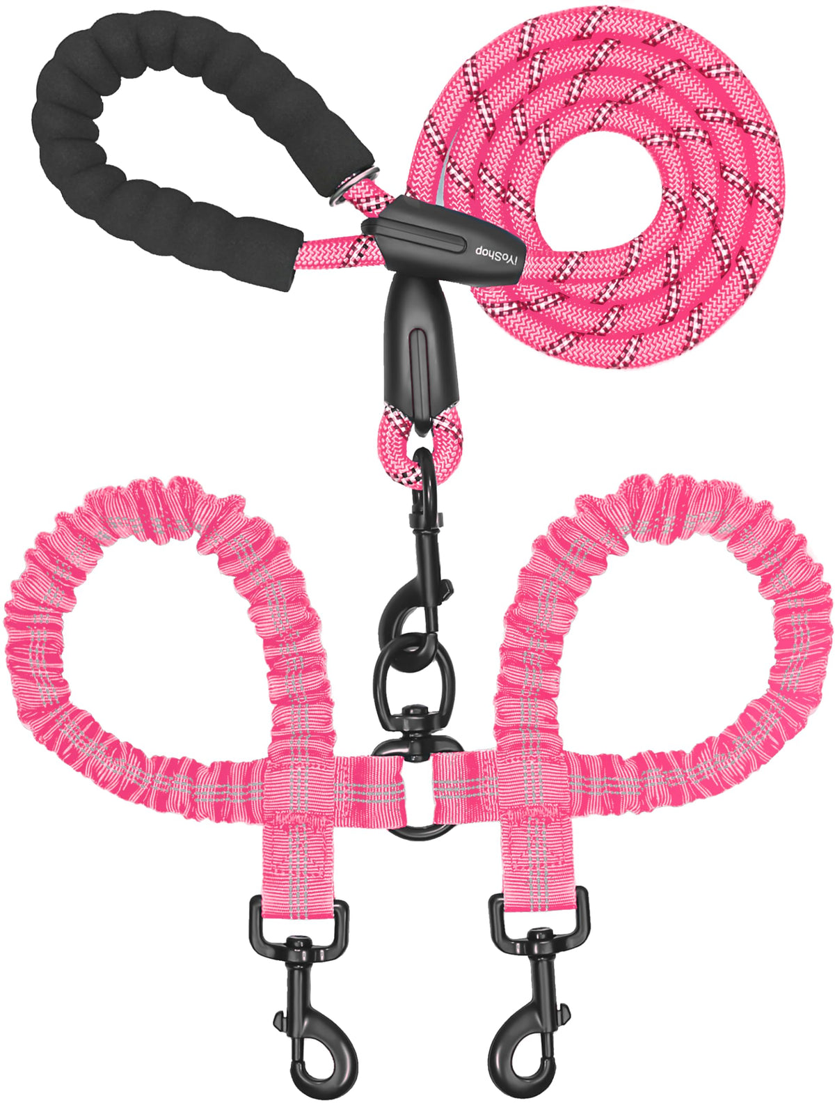 iYoShop Double Dog Leash, 360° Swivel, No Tangle, Large, 25-150 lbs, Black