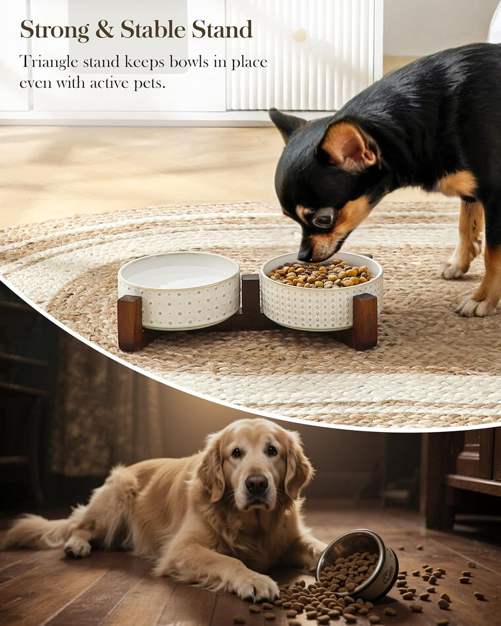 MALACASA Dog Bowl Set, Ceramic Bowls with Walnut Wood Stand, 2 Cups