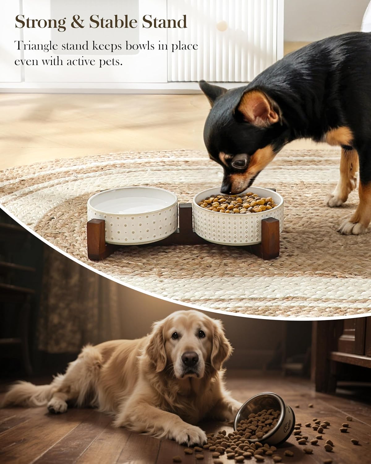 MALACASA Dog Bowl Set, Ceramic Bowls with Walnut Wood Stand, 2 Cups