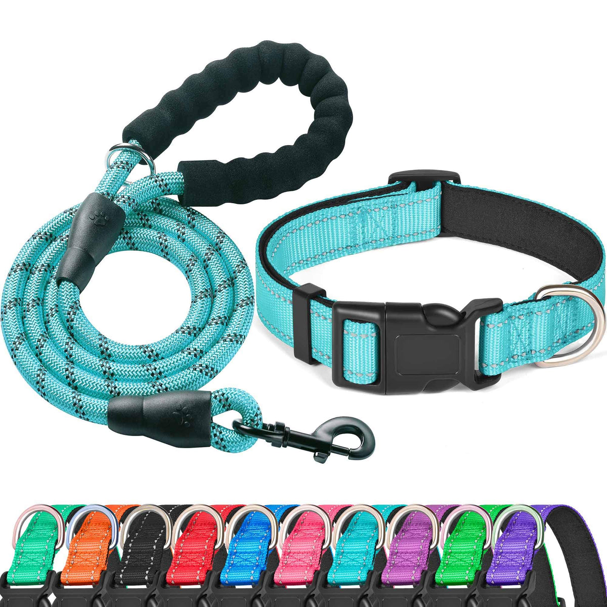 Ladoogo Reflective Dog Collar Padded with Soft Neoprene, Medium, Turquoise