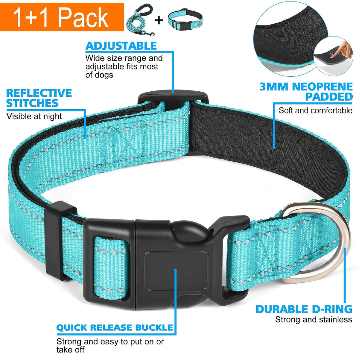 Ladoogo Reflective Dog Collar Padded with Soft Neoprene, Medium, Turquoise