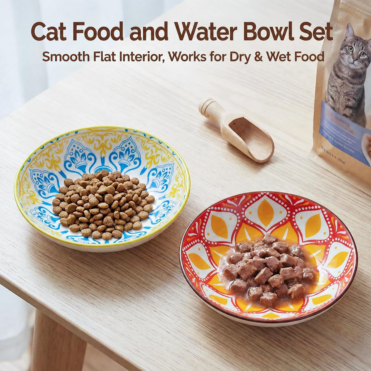 Ceramic Cat Bowls Set of 6 - Colorful Cute Shallow Cat Dishes - Great for Multi-Pet Homes - 5.6 Inch, Whisker Friendly and Wide - Microwave & Dishwasher Safe - 5.3 oz (185 ml)