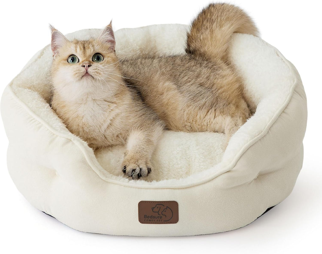 Bedsure Small Dog Bed Washable,Round Cat Beds for Indoor Cats,20in Ivory