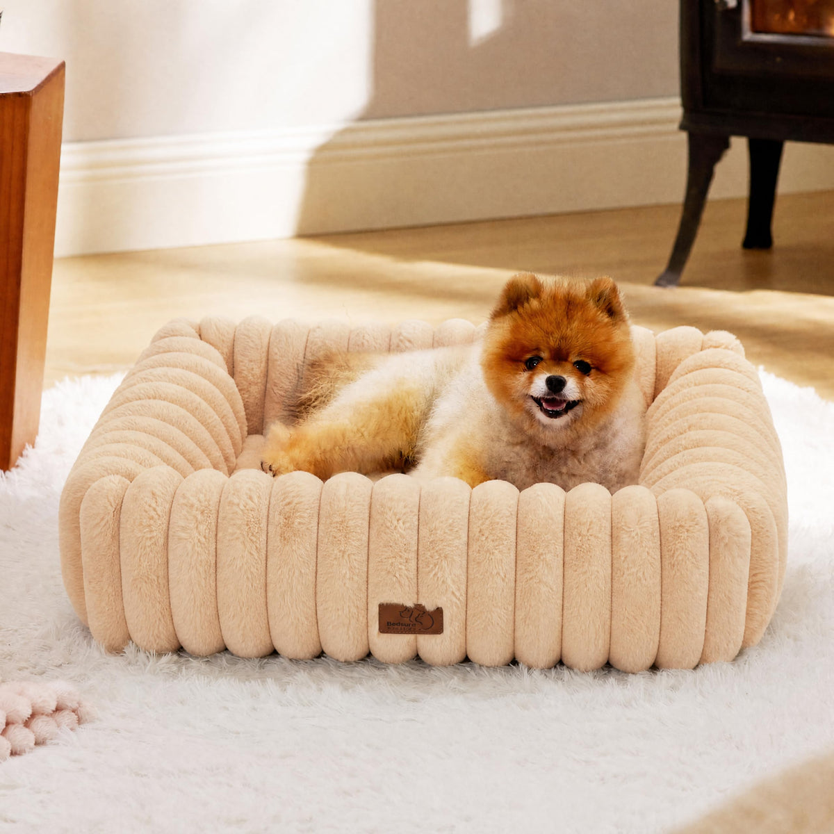 Bedsure ComfyFleece® Cute Dog Bed for Small Medium Dogs Washable,25in Cream