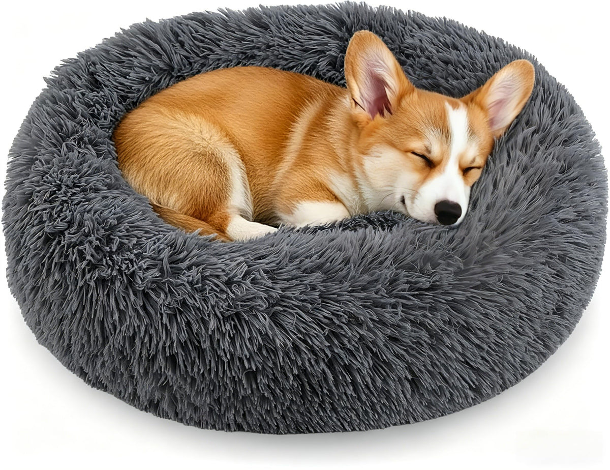 Calming Donut Dog and Cat Bed for Indoor Cats, Anti-Anxiety Round Fluffy Soft Washable Small Pet Bed for Puppy and Kitten, Warming Comfortable Luxury Anti-Slip Waterproof Mute Base 20in Gray