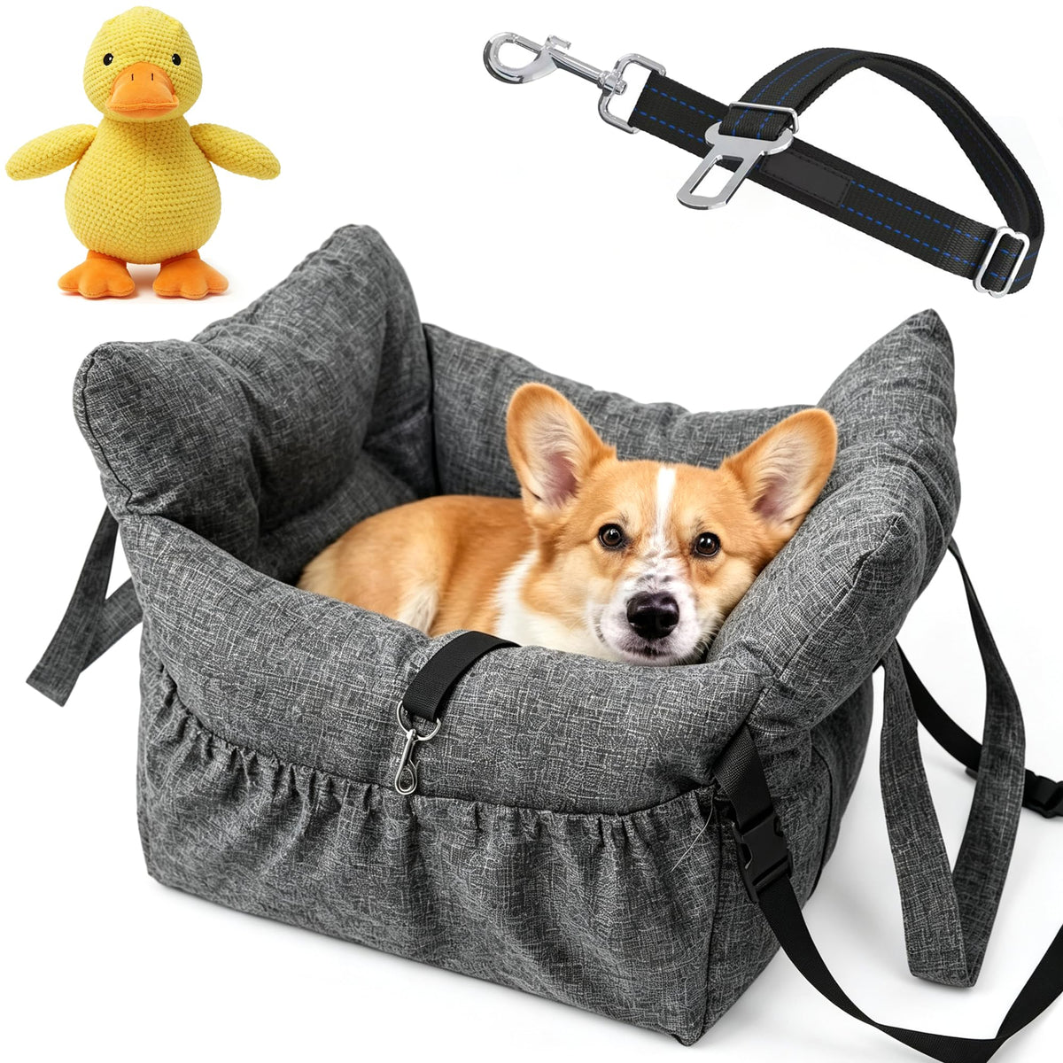 Dog Car Seat Bed for Small & Medium Dogs, with Built-in Safety Belt, Anti-Anxiety Calming Sofa Bed, Portable & All-Season Soft Pet Car Bed with Bonus Squeaky Duck Toy (Black and White Checkered)
