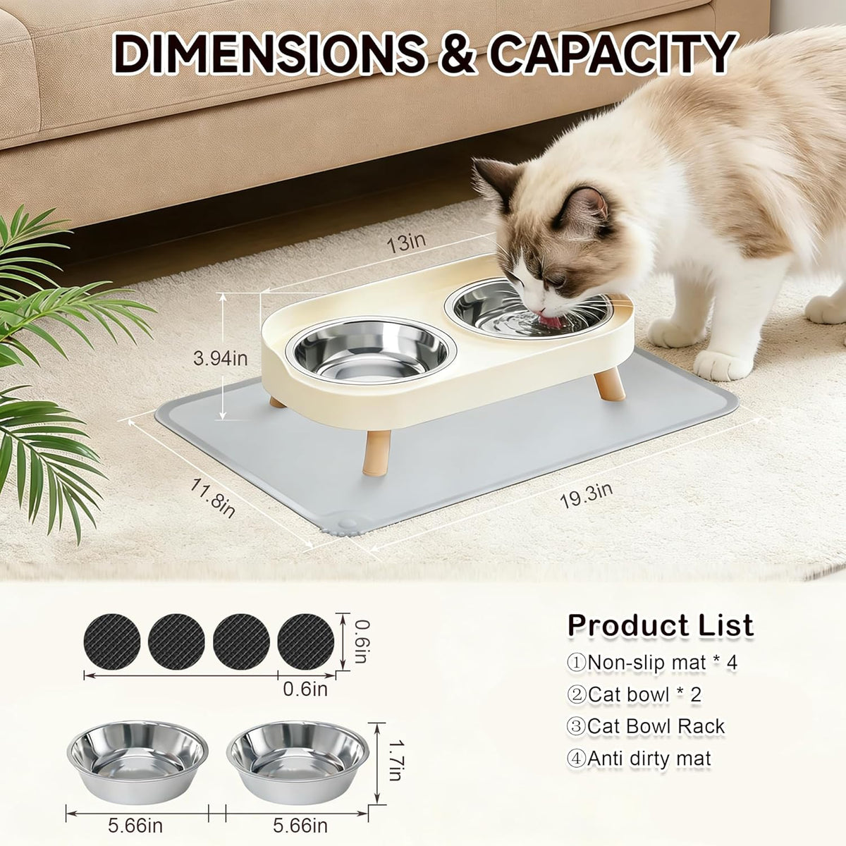 Elevated Cat Bowls with Food Mat, Splash Proof Anti Vomiting Raised Cat Food and Water Bowl Set, 2 Stainless Steel Dishes for Cats and Puppy, Pet Bowl for Indoor Cats White