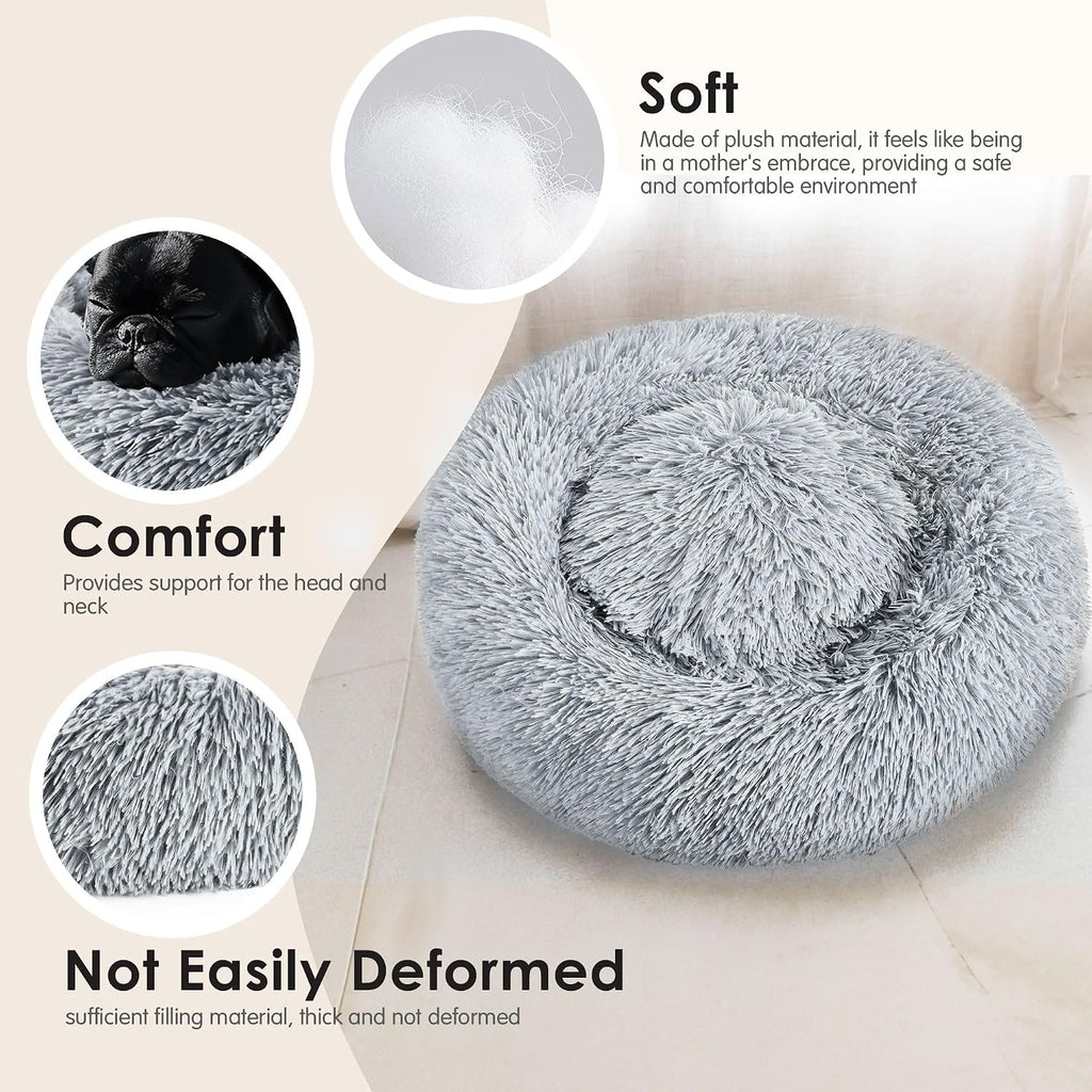 Hoewina Dog & Cat Bed for Indoor Cats, 20in Calming Donut Bed (Light Grey)