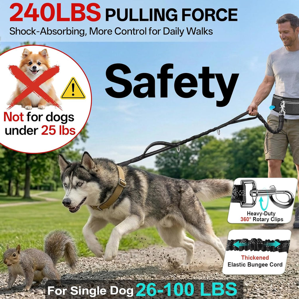 Hands Free Double Dog Leash for Two Dogs 240LB Heavy Duty Bungee