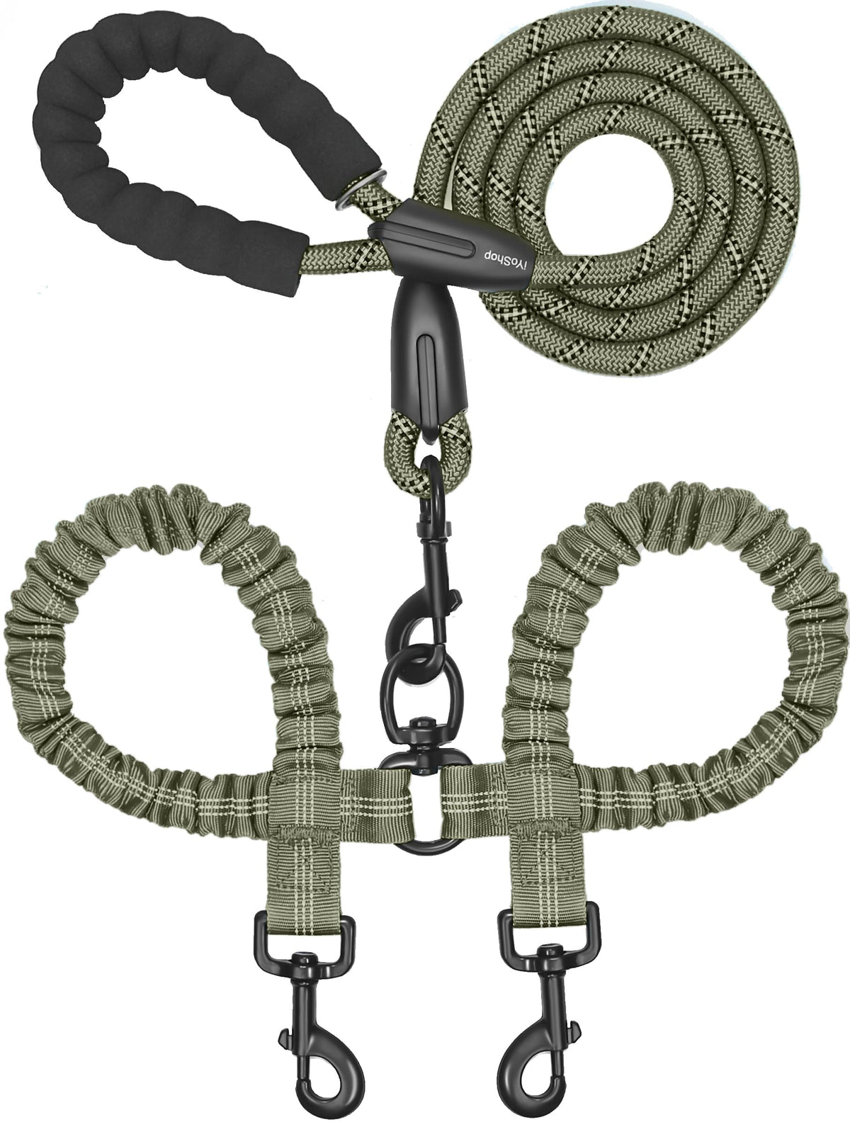 iYoShop Double Dog Leash, 360° Swivel, No Tangle, Large, 25-150 lbs, Black