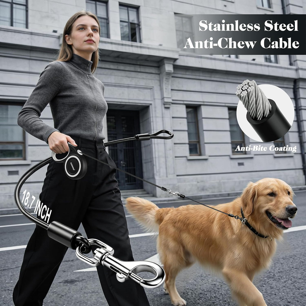 Retractable Dog Leash with Stainless Steel Anti-Chew Cable for Small & Medium Dogs up to 50 lbs | 16 ft Strong Nylon Reflective Tape | Quick Lock System (Medium, White)