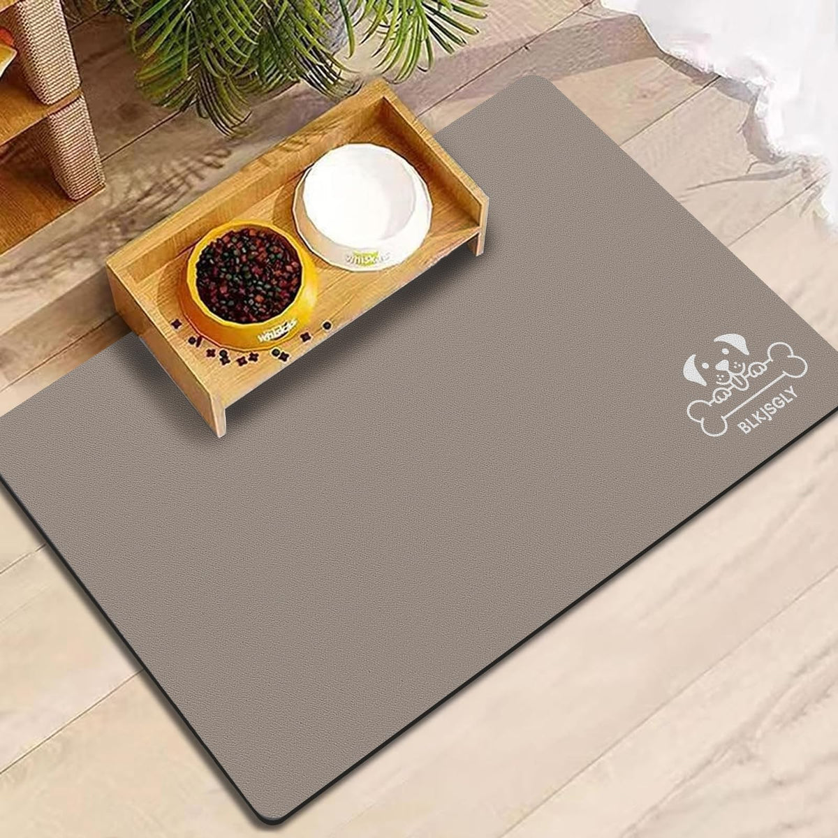 18"×30" Dog Food Mat-Absorbent Dog Mat for Food and Water, No Stains Quick Dry Cat Food Bowl Mat with Footprints for Messy Drinkers,Dark Grey