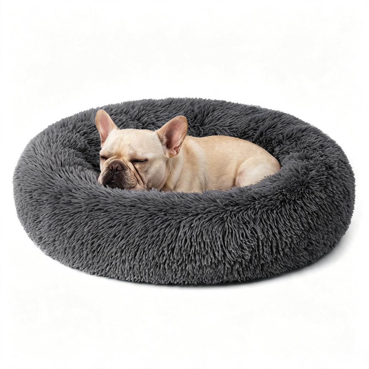 Calming Donut Dog and Cat Bed for Indoor Cats, Anti-Anxiety Round Fluffy Soft Washable Small Pet Bed for Puppy and Kitten, Warming Comfortable Luxury Anti-Slip Waterproof Mute Base 20in Gray