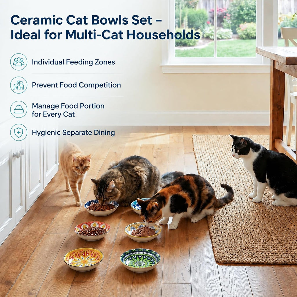 Ceramic Cat Bowls Set of 6 - Colorful Cute Shallow Cat Dishes - Great for Multi-Pet Homes - 5.6 Inch, Whisker Friendly and Wide - Microwave & Dishwasher Safe - 5.3 oz (185 ml)