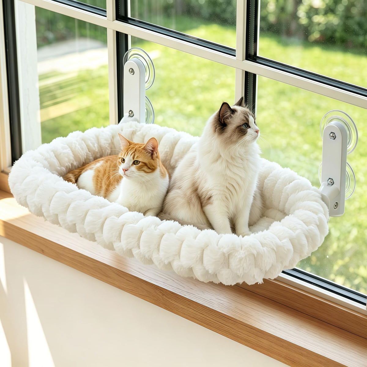 AMOSIJOY Cordless Cat Window Perch with Cushion Bed Metal Frame, L White
