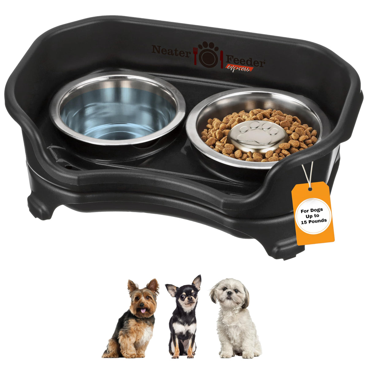Neater Feeder Express Mess Proof Dog Bowls Elevated for Small Breeds under 15 Lb, Made in USA, No Spill Raised Dog Food Bowl Stand, Stainless Steel Food and Water Bowl Set, Feeding Station, Cappuccino