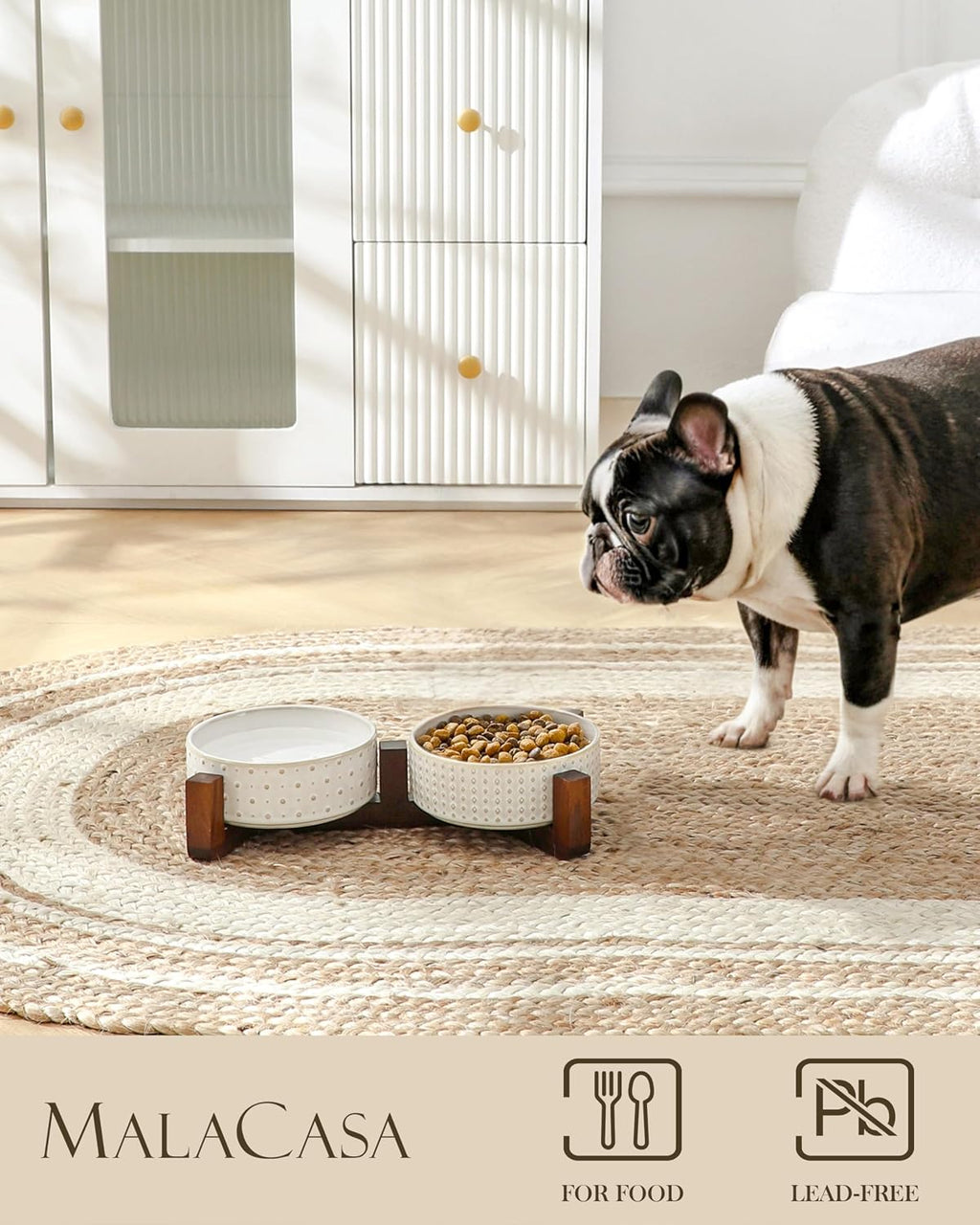 MALACASA Dog Bowl Set, Ceramic Bowls with Walnut Wood Stand, 2 Cups