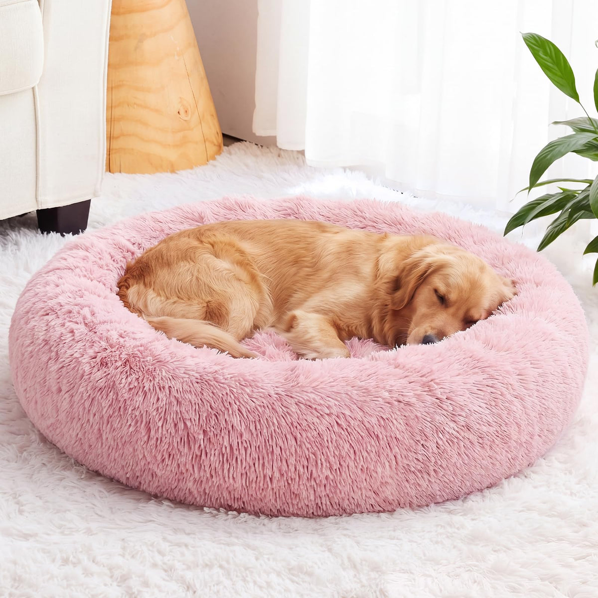 WNPETHOME Small Pink Round Calming Dog Bed Cat Bed for Comfy Sleep
