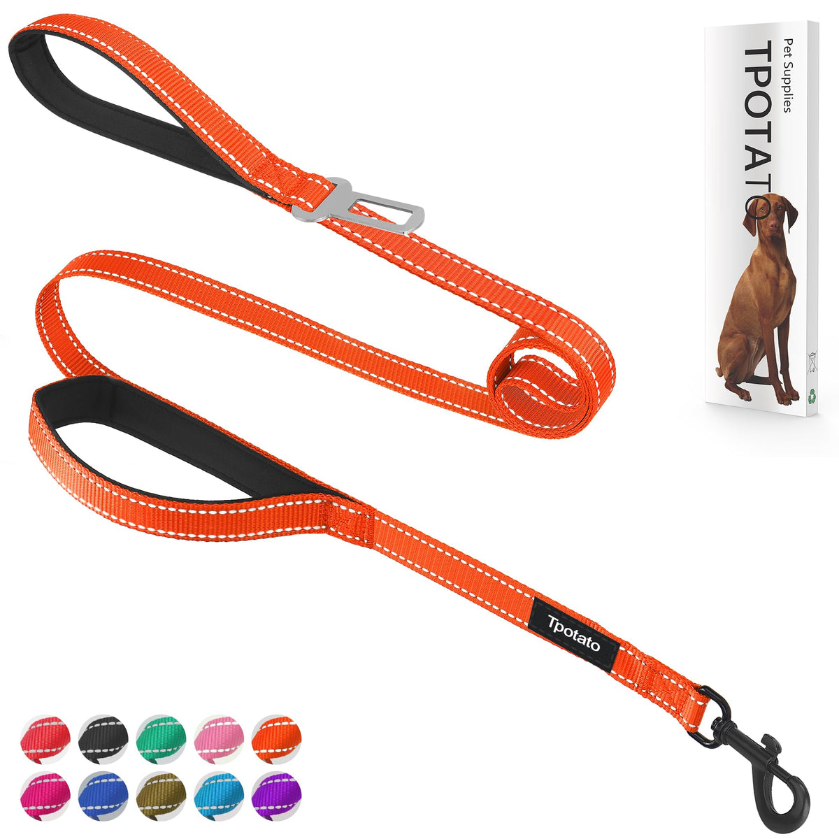 6 Foot Black Dog Leashes for Large Medium and Small Breed Dogs That Pull,Reflective Nylon Heavy Duty Dog Leash with 2 Comfortable Padded Traffic Handles and Car Seat Belt for Walking and Training