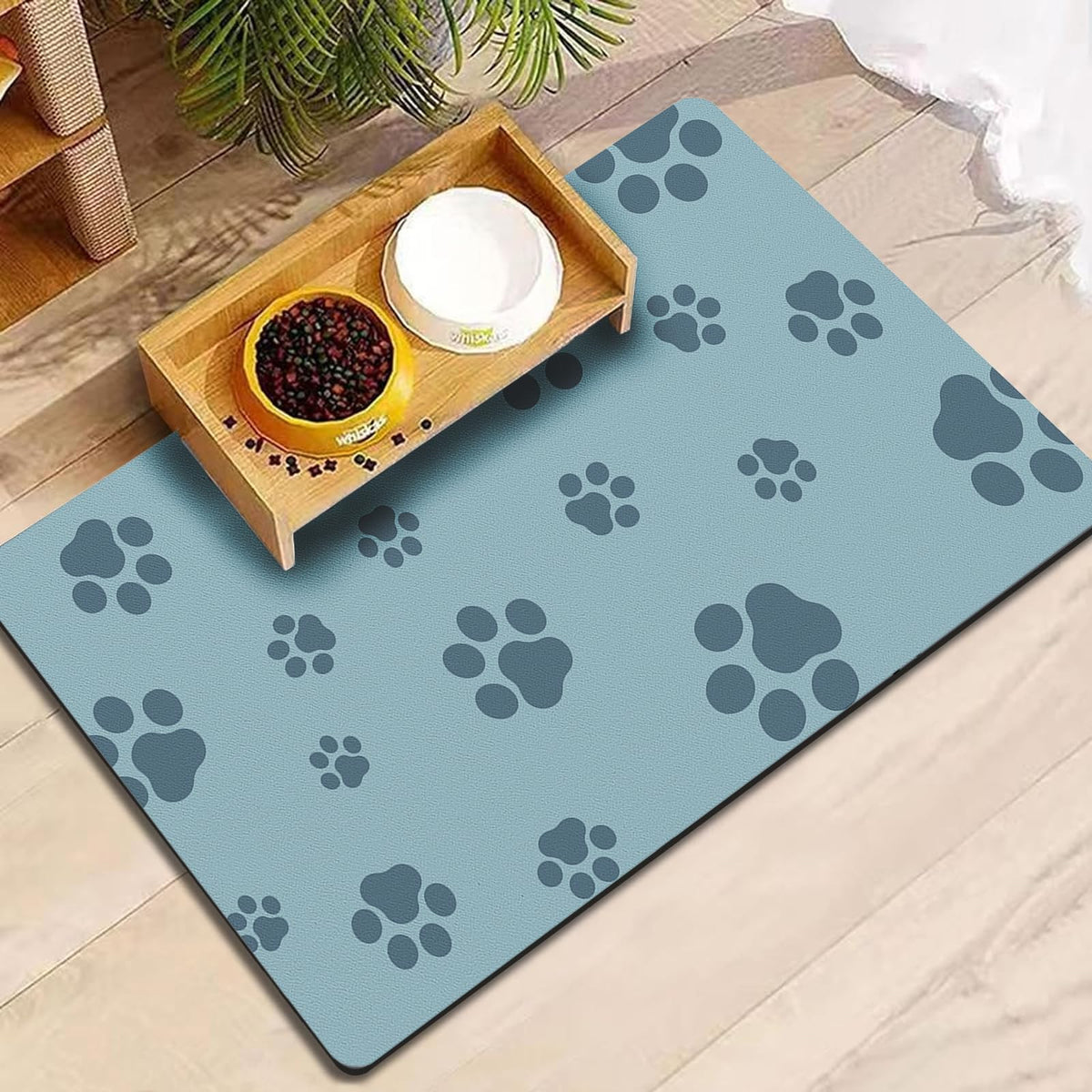 18"×30" Dog Food Mat-Absorbent Dog Mat for Food and Water, No Stains Quick Dry Cat Food Bowl Mat with Footprints for Messy Drinkers,Dark Grey