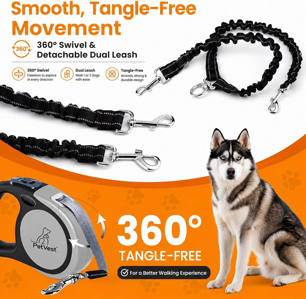 Dual Retractable Dog Leash,10 FT Tangle-Free Leash for 2 Dogs, Detachable for Single Use,One-Button Brake & Lock, Up to 44 lbs Each, 360° Swivel, Non-Slip Handle + Poop Bag Holder (Grey)