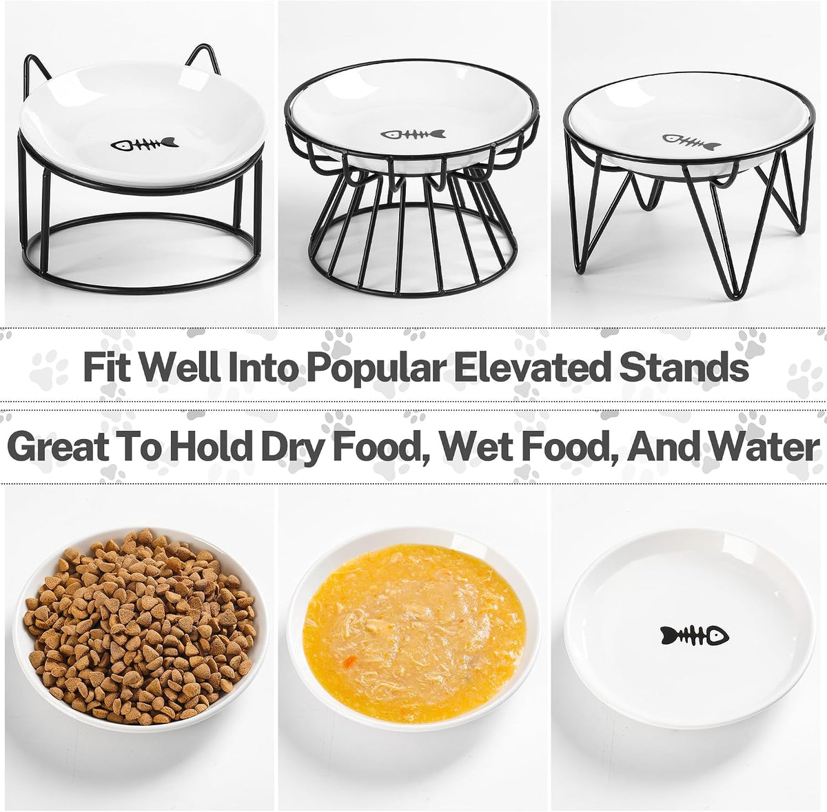 Cat Food Bowl, Whisker Friendly Ceramic Cat Bowls with Nonslip Silicone Bottom, Pack of 3 Quiet Dishes and Plates for Feeding Indoor Cats, Kittens and Small Dogs(Fishbone,Shallower)