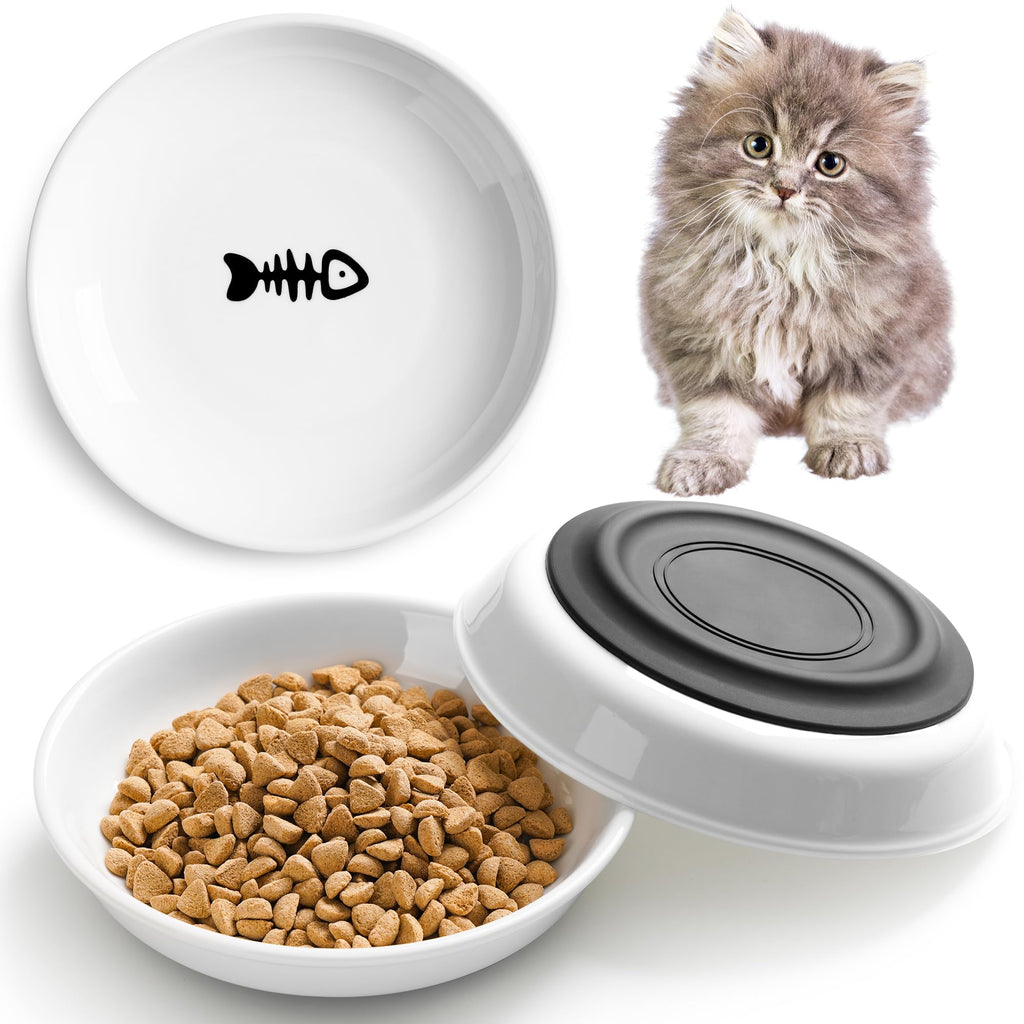 Cat Food Bowl, Whisker Friendly Ceramic Cat Bowls with Nonslip Silicone Bottom, Pack of 3 Quiet Dishes and Plates for Feeding Indoor Cats, Kittens and Small Dogs(Fishbone,Shallower)